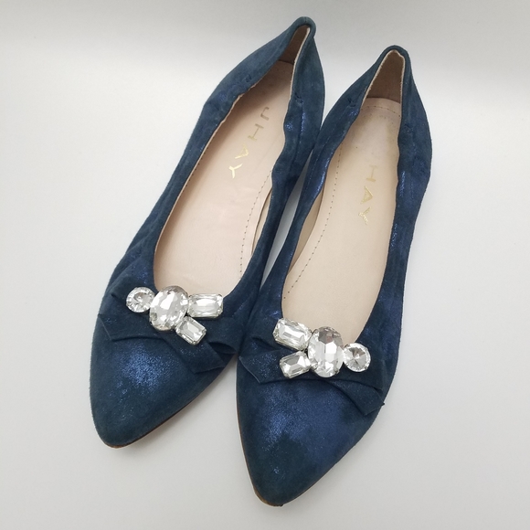 J HAY Women's 39 Suede Loafer Rhinestone Detail Pointy Toe Slip-on Metallic Blue - Picture 9 of 11